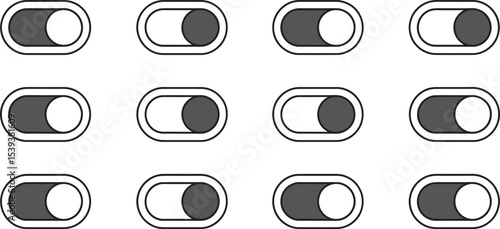Twelve toggle switches on and off positions showing conceptual digital interface design elements