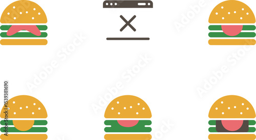Illustrated collection of colorful burgers with various ingredients and a web browser icon arrangement