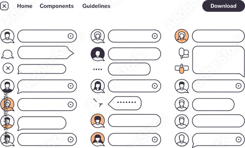 Illustrated user interface element set comprising speech bubbles user profile icons and functional messaging app design components