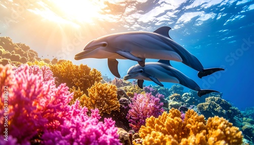Fototapeta Naklejka Na Ścianę i Meble -  Dolphins swimming coral reef ocean.