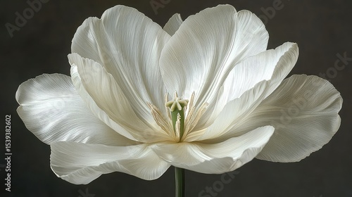 A detailed close-up of a single, elegant white tulip.