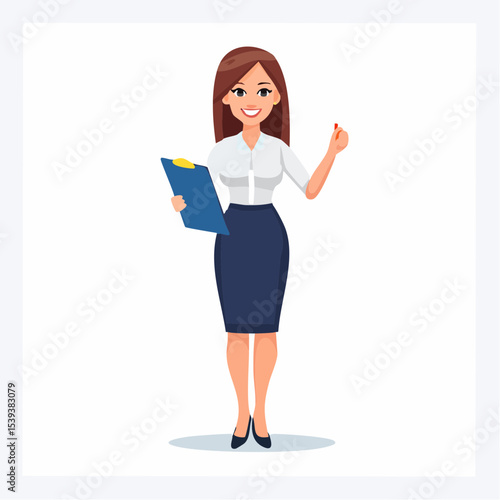 Minimal flat vector of a female office worker in a pencil skirt and blouse, holding a clipboard and smiling