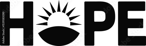 Illustration of the word hope with rising sun silhouette expressing optimism and encouragement for inspiration