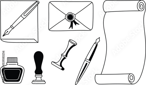 Hand drawn set of writing tools depicting ink pen paper envelope and inkwell vector illustration