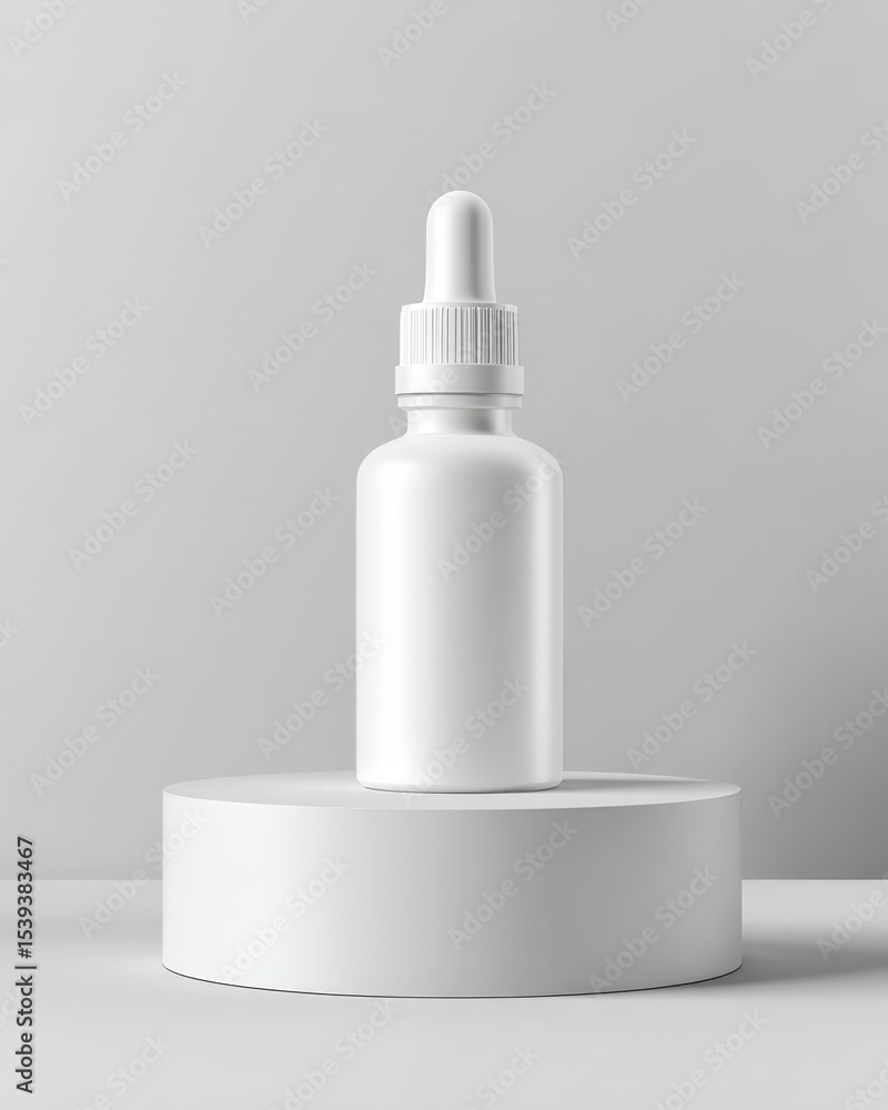 Mockup of a White Dropper Bottle on a Cylindrical Pedestal Against a Minimalist Background Mockup of a White Dropper Bottle on a Cylindrical Pedestal Against a Minimalist Background