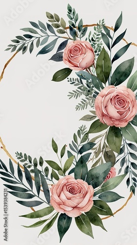 Watercolor floral illustration of green pink wreath, frame, bouquet, for wedding stationary, greetings, wallpaper, fashion, posters, white background.