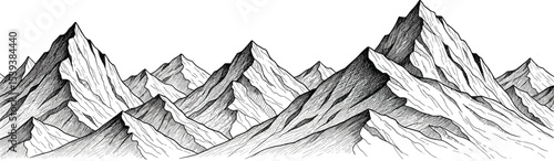 Mountain Range vector seamless Border. Linear Illustration in Black and White Ink of hills for travel banner. Pattern of rocks painted in line art style.