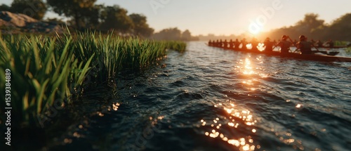 Fototapeta Naklejka Na Ścianę i Meble -  Majestic Dragon Boat Race at Sunset  Teamwork  Competition  Serenity
