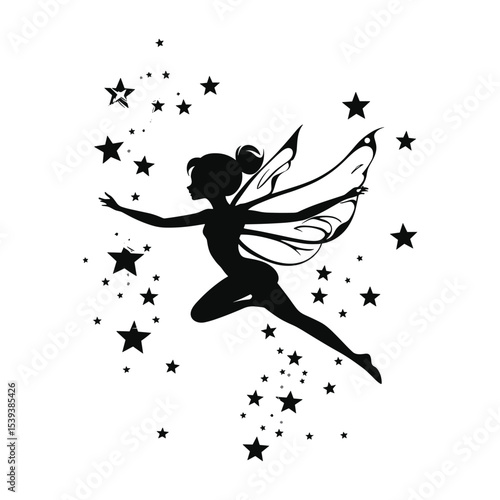 Dynamic Flying Fairy Silhouette with Flowing Stars