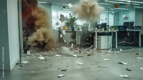 Dramatic office explosion with flying debris showcasing workplace disruption and chaos