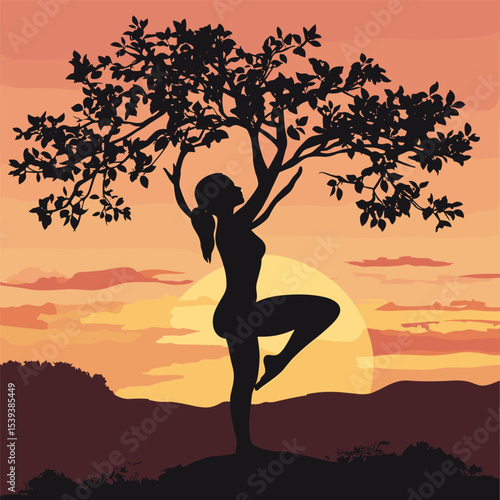 Woman in Tree Pose Yoga at Sunset Silhouette
