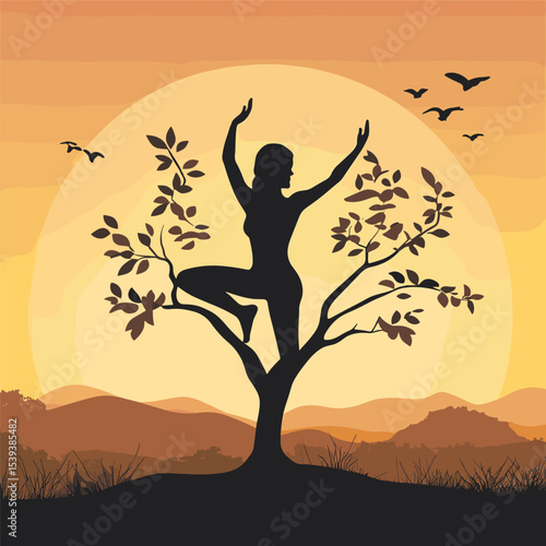 Woman Practicing Yoga Tree Pose on a Branch at Sunset