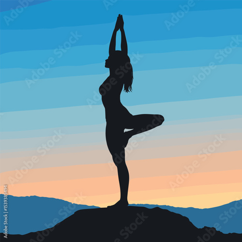Woman in Yoga Tree Pose on a Hill at Sunrise