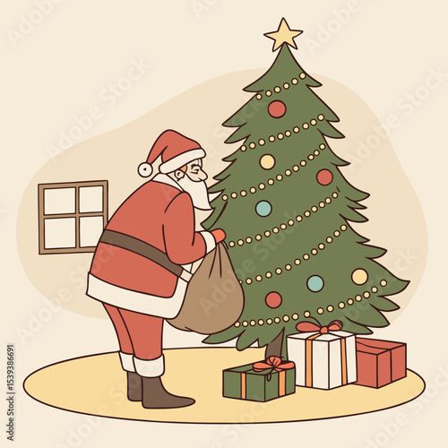 santa claus emerging from the chimney vector art illustration