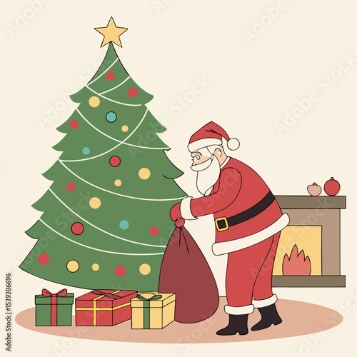 The scene presents a whimsical Christmas tableau. Santa Claus, clad in a red suit with white trim and a yellow hat, stands on the left, a large green sack overflowing with wrapped gifts slung over his