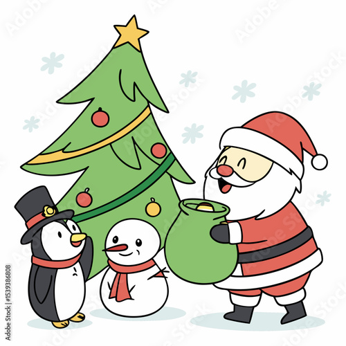 The scene presents a whimsical Christmas tableau. Santa Claus, clad in a red suit with white trim and a yellow hat, stands on the left, a large green sack overflowing with wrapped gifts slung over his