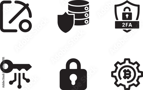 Crypto Security and Mining Icons – Cryptocurrency Mining, 2FA, Blockchain Gear Vector Set
