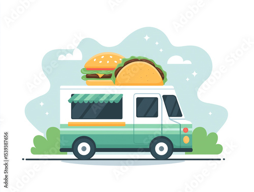 Food truck serving burgers and tacos in a vibrant outdoor setting 