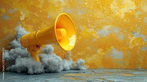 Powerful yellow megaphone against a textured yellow wall.