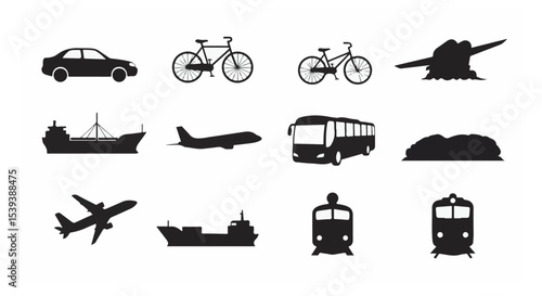 Transportation Icons Set Black Silhouettes Car Bicycle Plane Train Ship Bus Graphic Design Elements