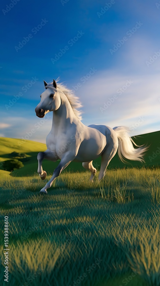 Fototapeta premium Ethereal equine, galloping through verdant fields beneath a boundless cerulean sky