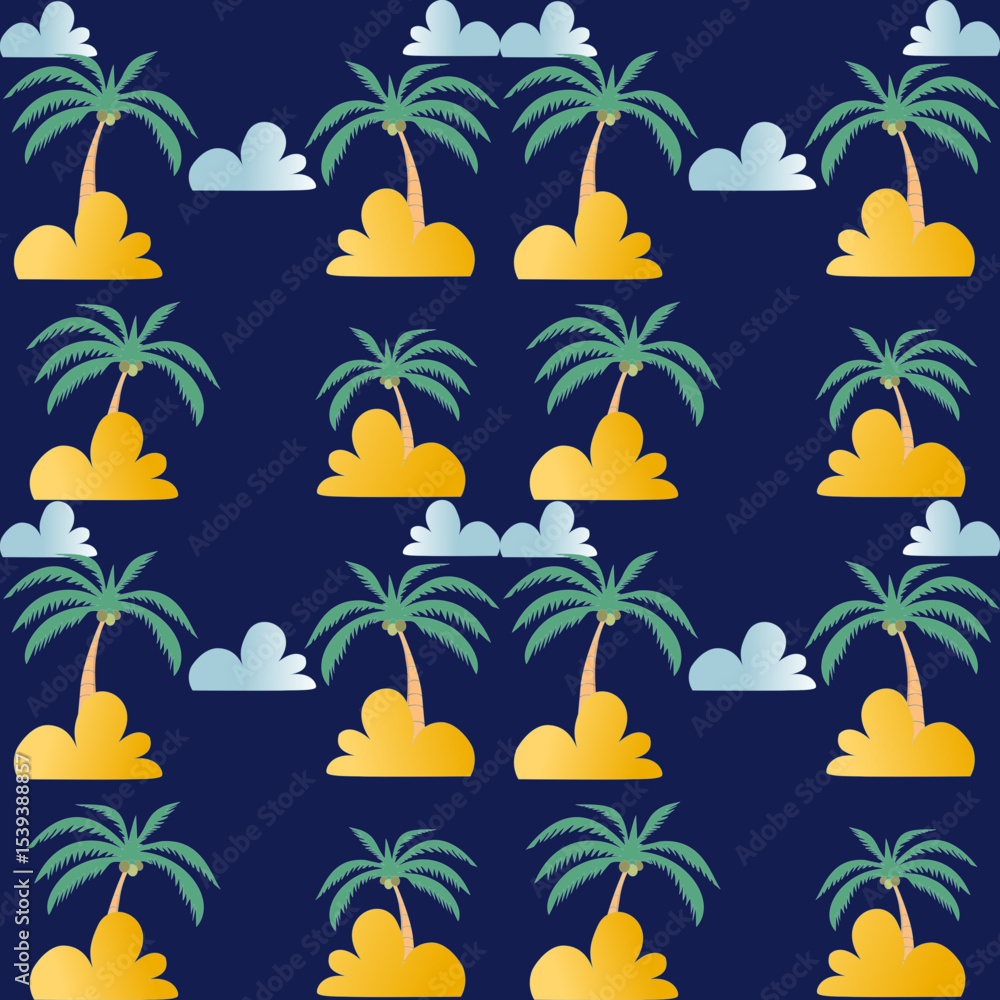 Obraz premium Captivating Repeating Pattern of Tropical Palm Trees Against a Dark Blue Background, Evoking a Summer Vacation Vibe and Exotic Beach Atmosphere, Perfect for Textile Design, Wallpaper, Product Packagin