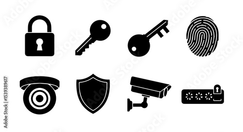 Secure your data with robust cybersecurity solutions featuring key lock icons, fingerprint scanner, CCTV camera, and shield graphics.