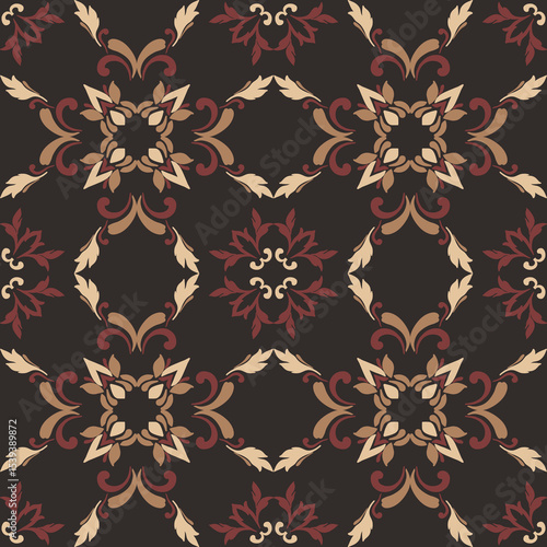 Seamless vintage damask floral tile design in orange, brown, and earthy tones, perfect for textile prints and home decor.