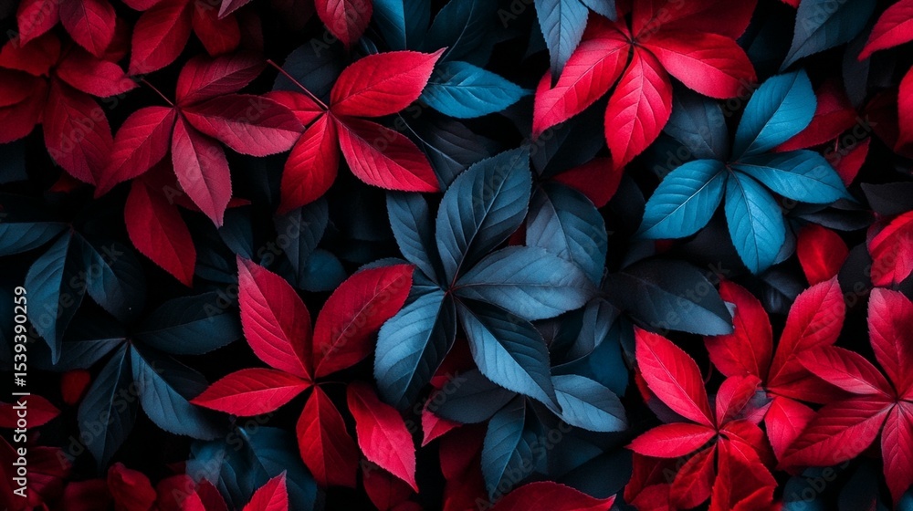 Vibrant red and deep blue leaves create a rich autumnal backdrop Vibrant red and deep blue leaves create a rich autumnal backdrop