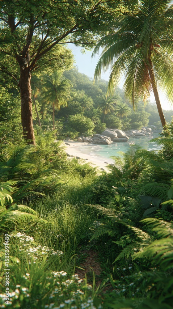 Obraz premium Lush Tropical Beach Paradise Secluded Cove Palm Trees Sunlight