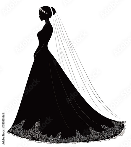 Elegant silhouette of a bride in a stunning black wedding dress with a veil.