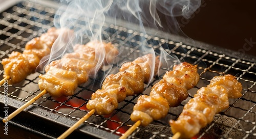 備長炭で焼き鳥を焼いている写真