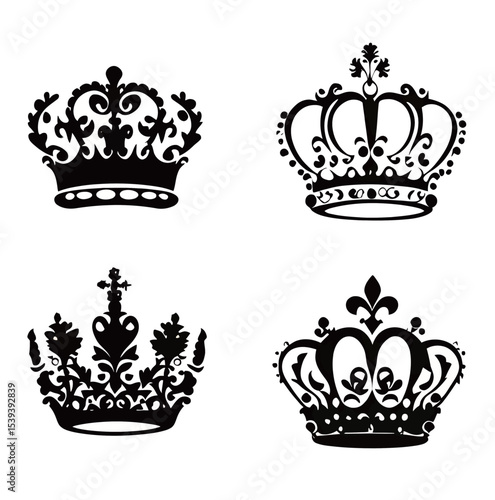 Elegant black silhouette crowns showcasing royal designs and intricate details.