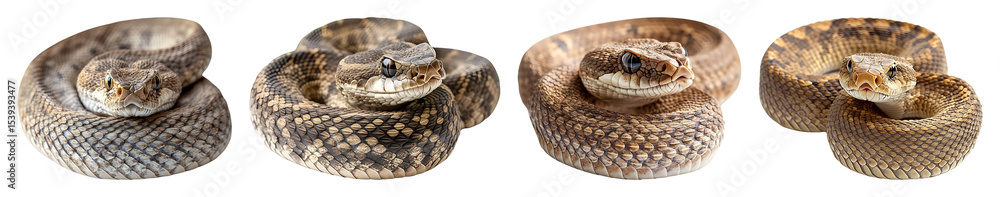 Obraz premium Four coiled rattlesnakes with diamond patterns are displayed on a black backdrop showing their scales and head details