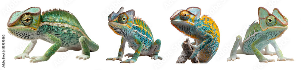 Obraz premium Four Colorful Chameleon Lizards In Varying Poses On A Transparent Background Showcasing Diverse Skin Patterns And Textures