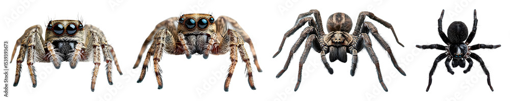 Fototapeta premium Four Spiders Featuring A Variety Of Sizes Colors And Patterns Are Isolated Against A Solid Transparent Background