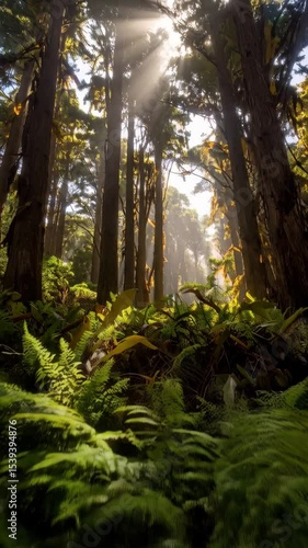 Wallpaper Mural Sunlight streams through tall trees in a lush, vibrant forest with dense fern ground cover providing a peaceful, natural setting Torontodigital.ca