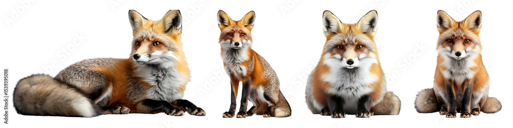 Fototapeta premium Four red foxes are displayed against a black backdrop including sitting standing and lying poses