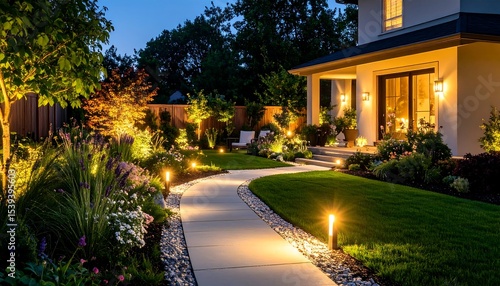 Night garden path with house lights.
