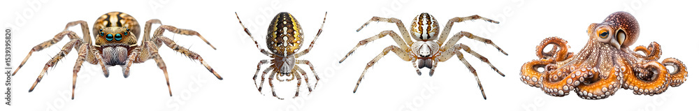 Obraz premium Array Of Arachnids Three Spiders And An Octopus Detailed Studio Shot Against A Transparent Background All Facing Forward