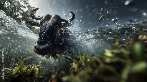 Animal in River Crossing with Water Splashing