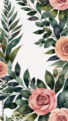 Watercolor floral illustration of green pink wreath, frame, bouquet, for wedding stationary, greetings, wallpaper, fashion, posters, white background.