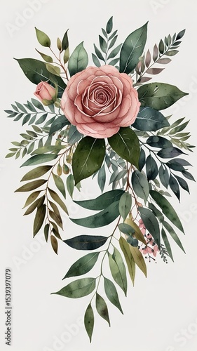 Watercolor floral illustration of green pink wreath, frame, bouquet, for wedding stationary, greetings, wallpaper, fashion, posters, white background.