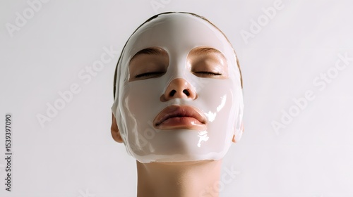 Woman with a sheet face mask on. She is relaxing with her eyes closed and is against a white background in this studio shot.