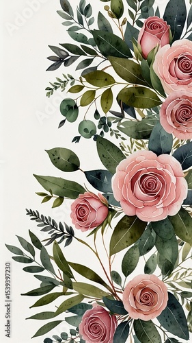 Watercolor floral illustration of green pink wreath, frame, bouquet, for wedding stationary, greetings, wallpaper, fashion, posters, white background.