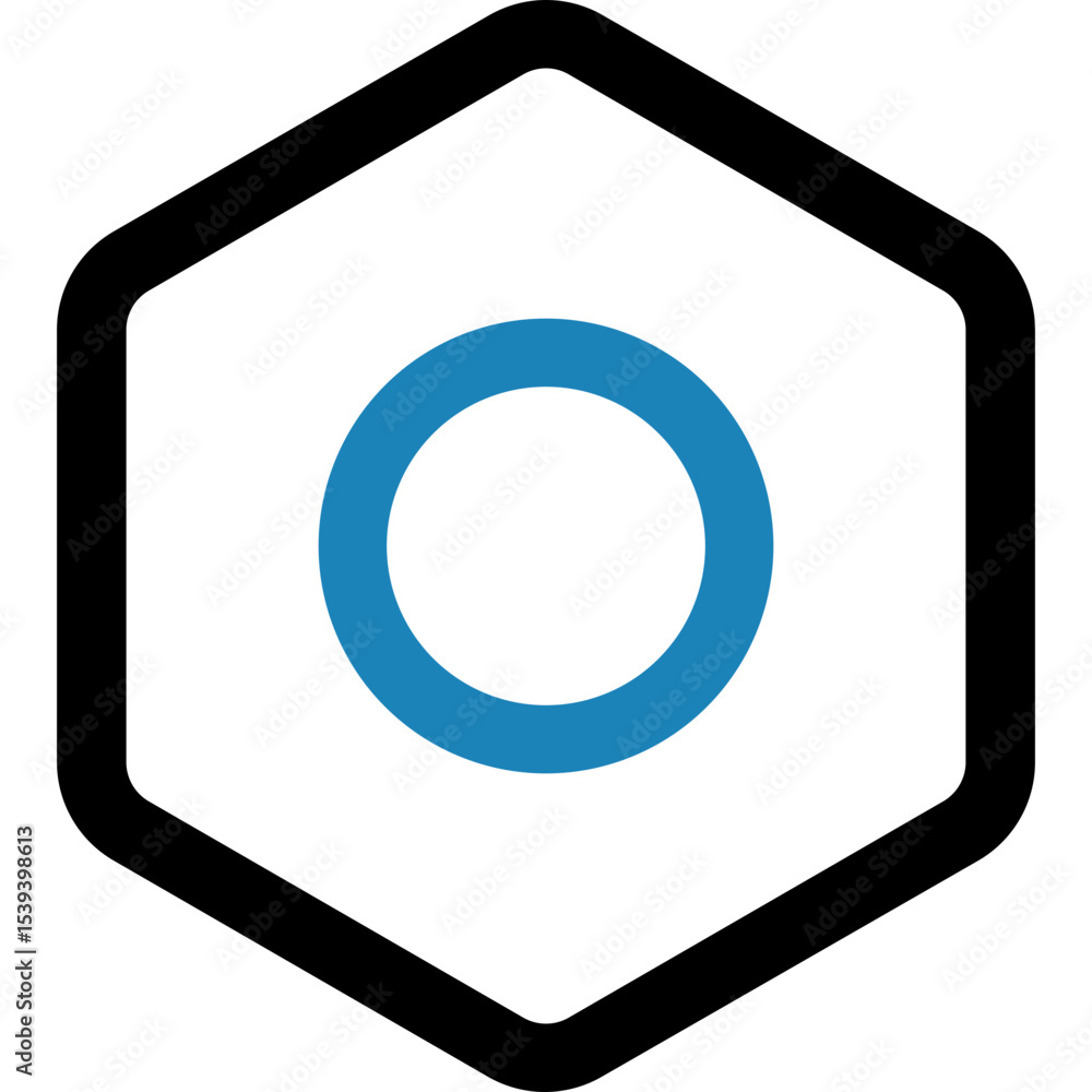 Illustration of a blue circle inside a white hexagon with a thick black outline on a white background Illustration of a blue circle inside a white hexagon with a thick black outline on a white background