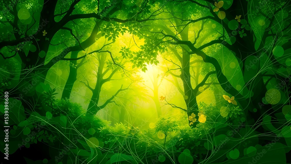Fototapeta premium Sunlight streams through the misty, green forest, illuminating the path and awakening nature