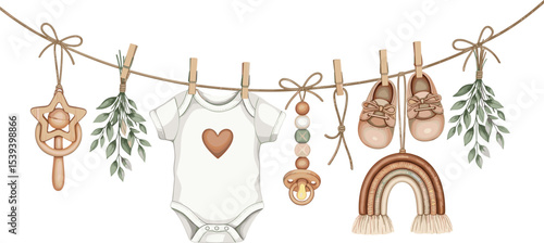 Watercolor baby illustration with clothing and accessories hanging on a clothesline. Onesie, shoes, rattle, pacifier and leaves. Drawing of childish garland for baby shower or newborn invitations.