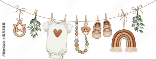 Watercolor baby illustration with clothing and accessories hanging on a clothesline. Onesie, shoes, rattle, pacifier and leaves. Drawing of childish garland for baby shower or newborn invitations.