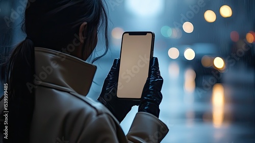Person using a smartphone on a rainy day.